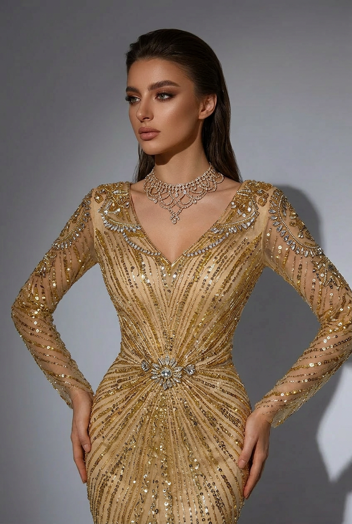 Gold Glitter Maxi l Dress with Long Sleeves – Sequin Evening Gown with Knot Waist Detail Plus Size