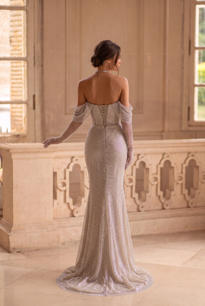 Gold Sequins Evening Gown with Corset Back – Strapless Formal Dress with Draped Sequin Layers Plus Size