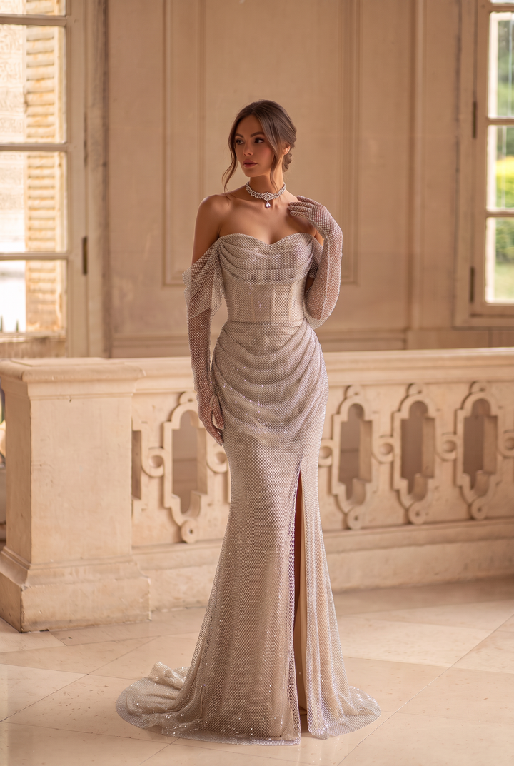 Gold Sequins Evening Gown with Corset Back – Strapless Formal Dress with Draped Sequin Layers Plus Size