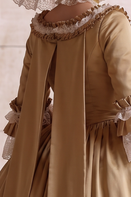 Golden Rococo Court Gown – Vintage Gold Satin Dress with Lace Ruffles and Pannier Silhouette