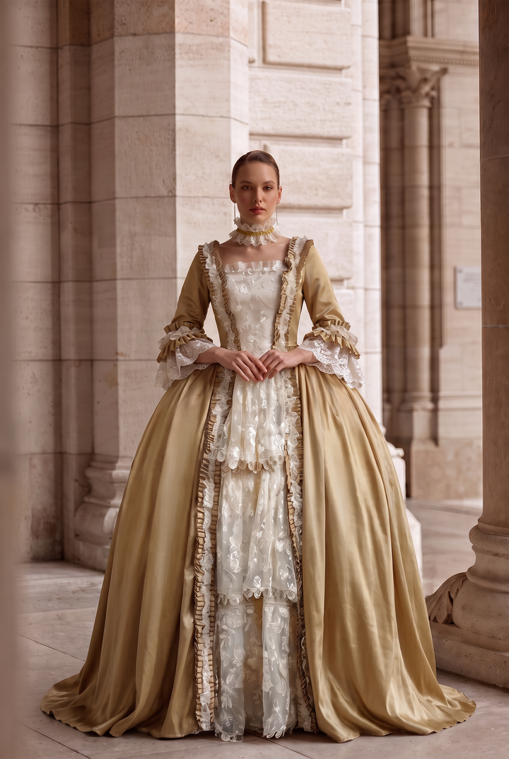 Golden Rococo Court Gown – Vintage Gold Satin Dress with Lace Ruffles and Pannier Silhouette