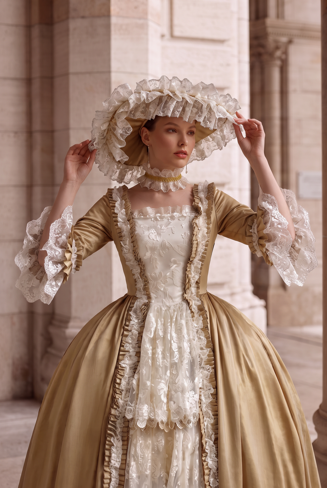Golden Rococo Court Gown – Vintage Gold Satin Dress with Lace Ruffles and Pannier Silhouette
