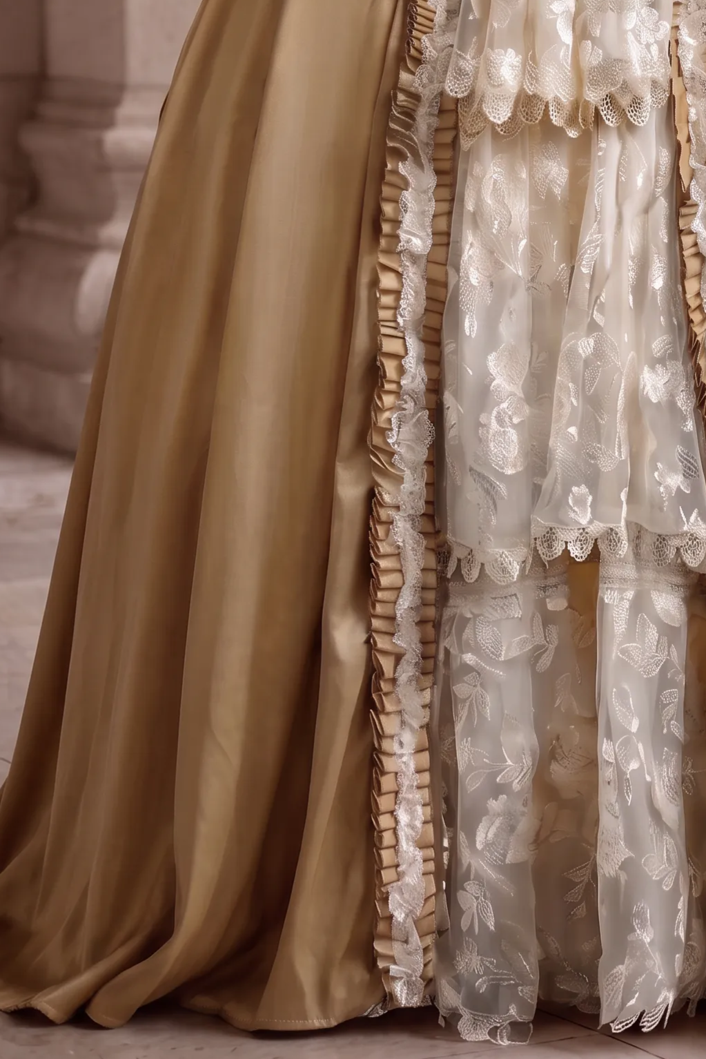 Golden Rococo Court Gown – Vintage Gold Satin Dress with Lace Ruffles and Pannier Silhouette
