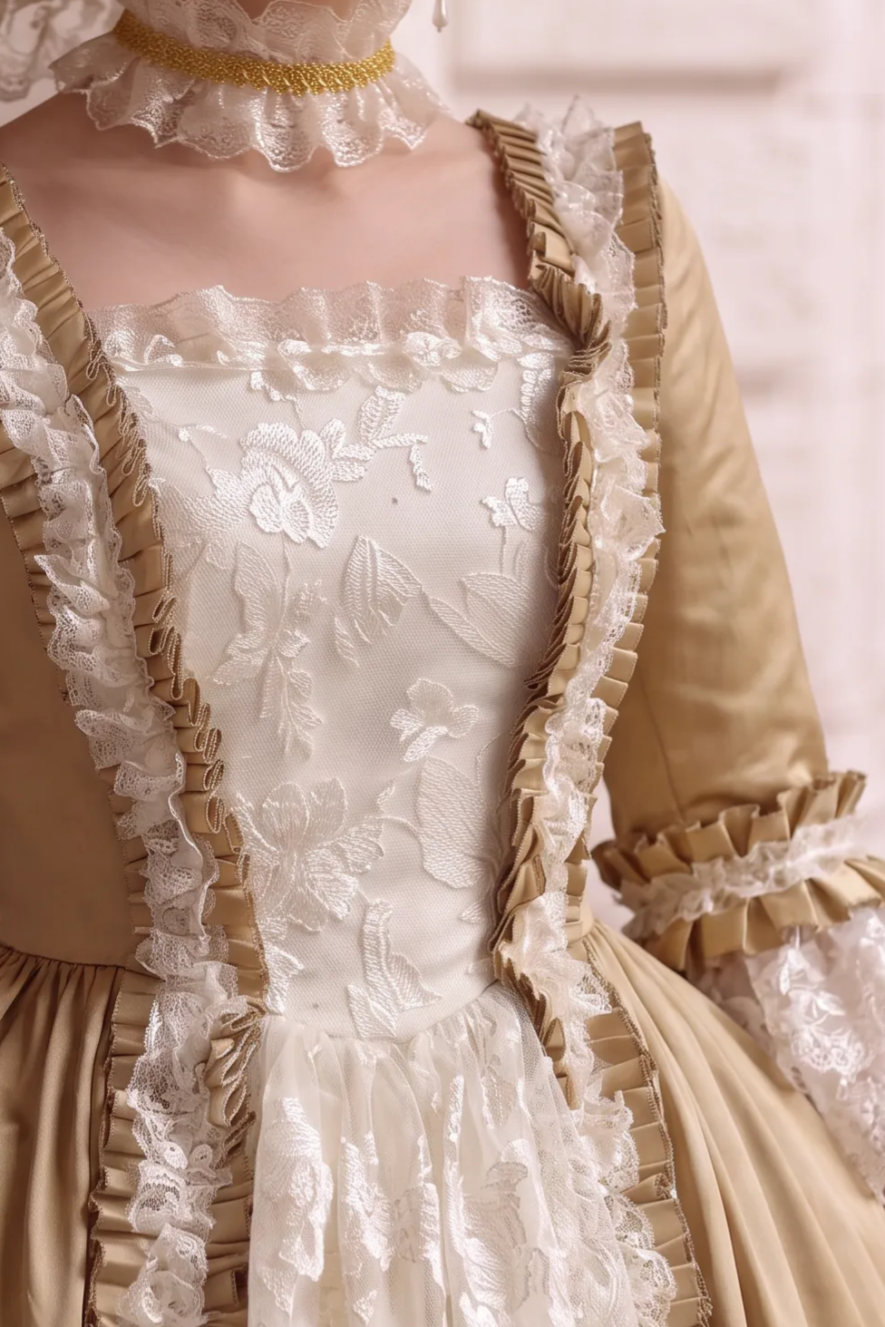 Golden Rococo Court Gown – Vintage Gold Satin Dress with Lace Ruffles and Pannier Silhouette