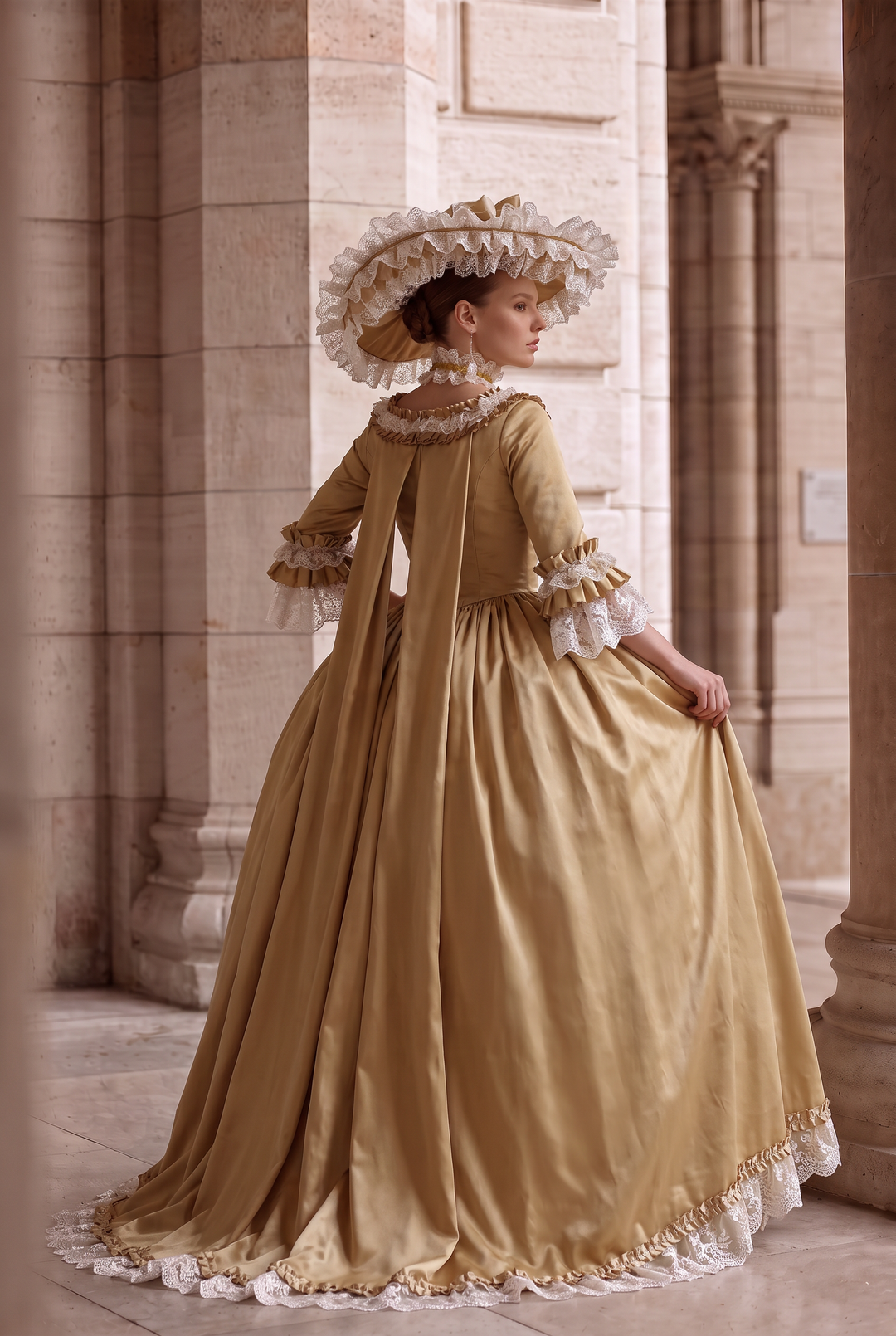 Golden Rococo Court Gown – Vintage Gold Satin Dress with Lace Ruffles and Pannier Silhouette