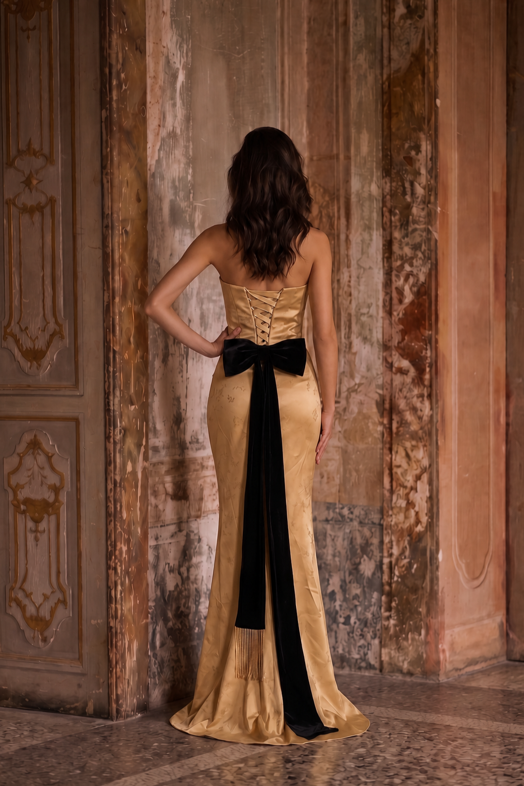 Golden Yellow Off-Shoulder Satin Evening Gown with Black Detail - Plus Size