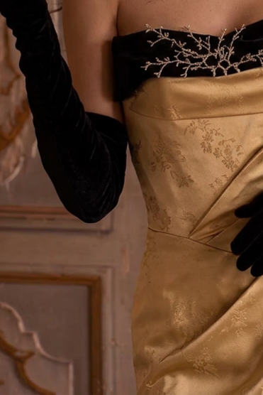 Golden Yellow Off-Shoulder Satin Evening Gown with Black Detail - Plus Size