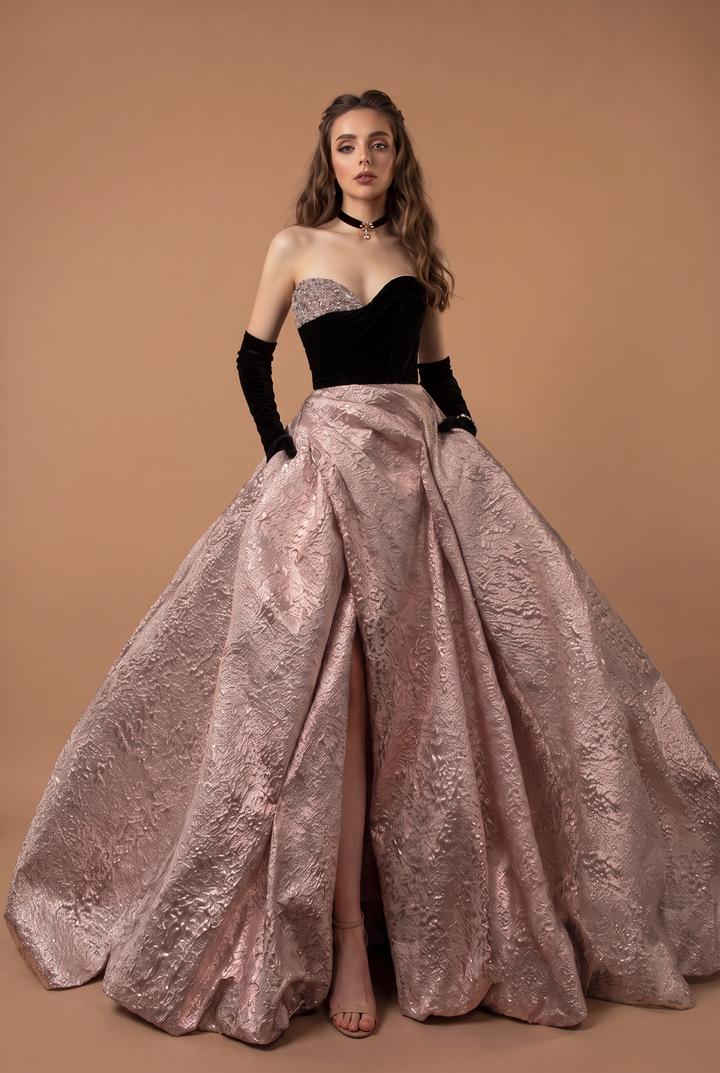 Gothic Black And Pink Beaded Wedding Dress With Gloves - Evening Gown Plus Size