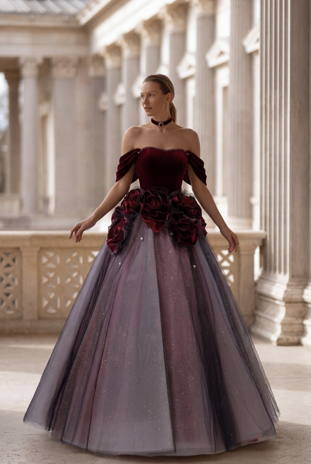 Gothic Black And Red Off Shoulder Ball Gown Wedding Dress With Rose Tulle Plus Size