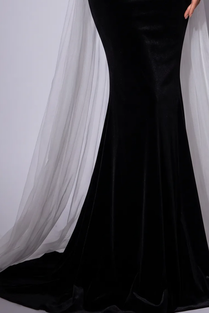 Gothic Black Mermaid Dress Evening Gown with Pink Tulle Puff Sleeves - Elegant Off-Shoulder Dress Plus Size