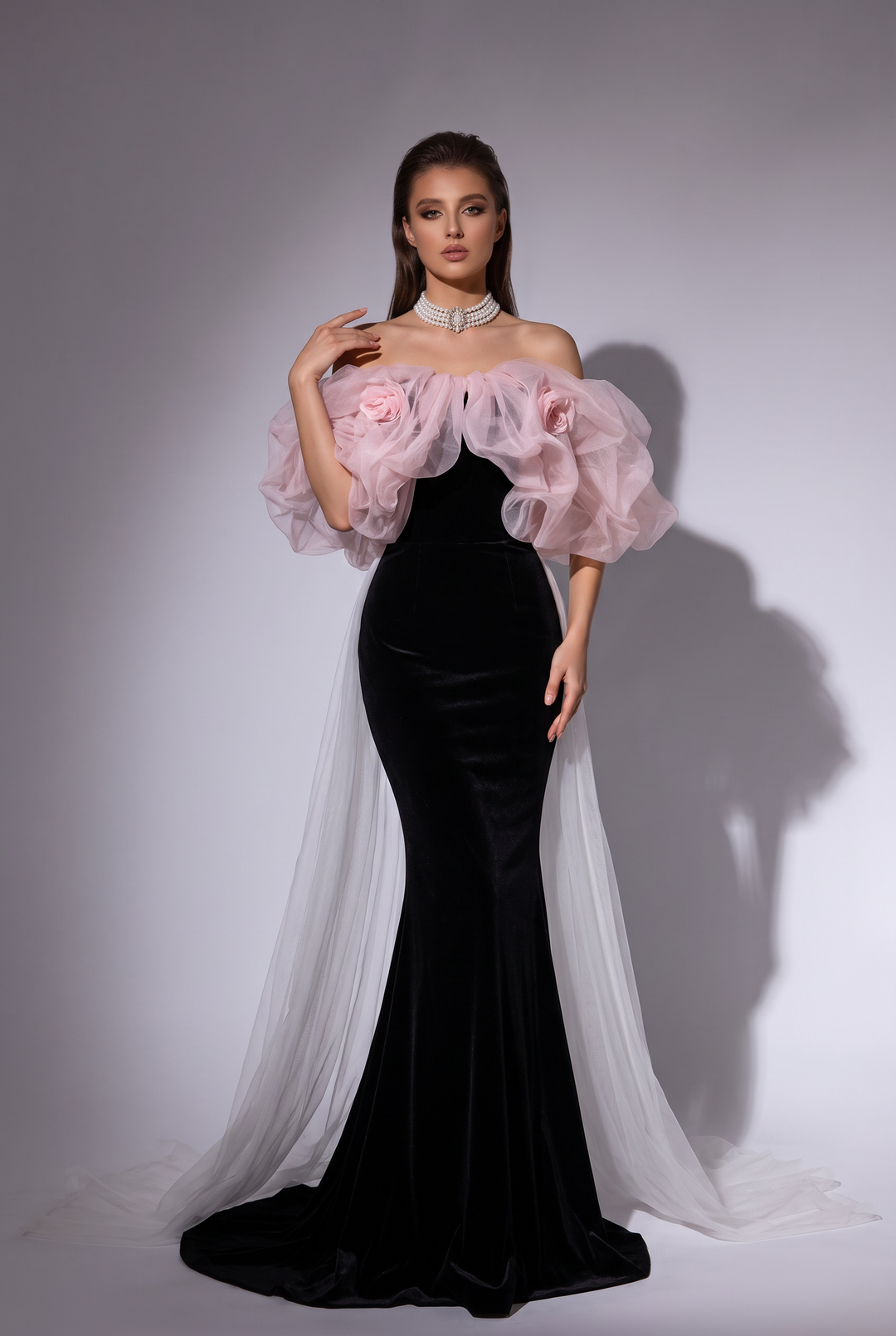 Gothic Black Mermaid Dress Evening Gown with Pink Tulle Puff Sleeves - Elegant Off-Shoulder Dress Plus Size