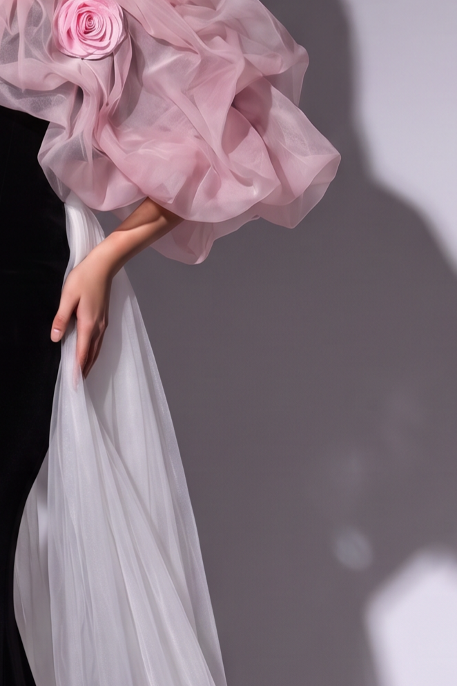 Gothic Black Mermaid Dress Evening Gown with Pink Tulle Puff Sleeves - Elegant Off-Shoulder Dress Plus Size