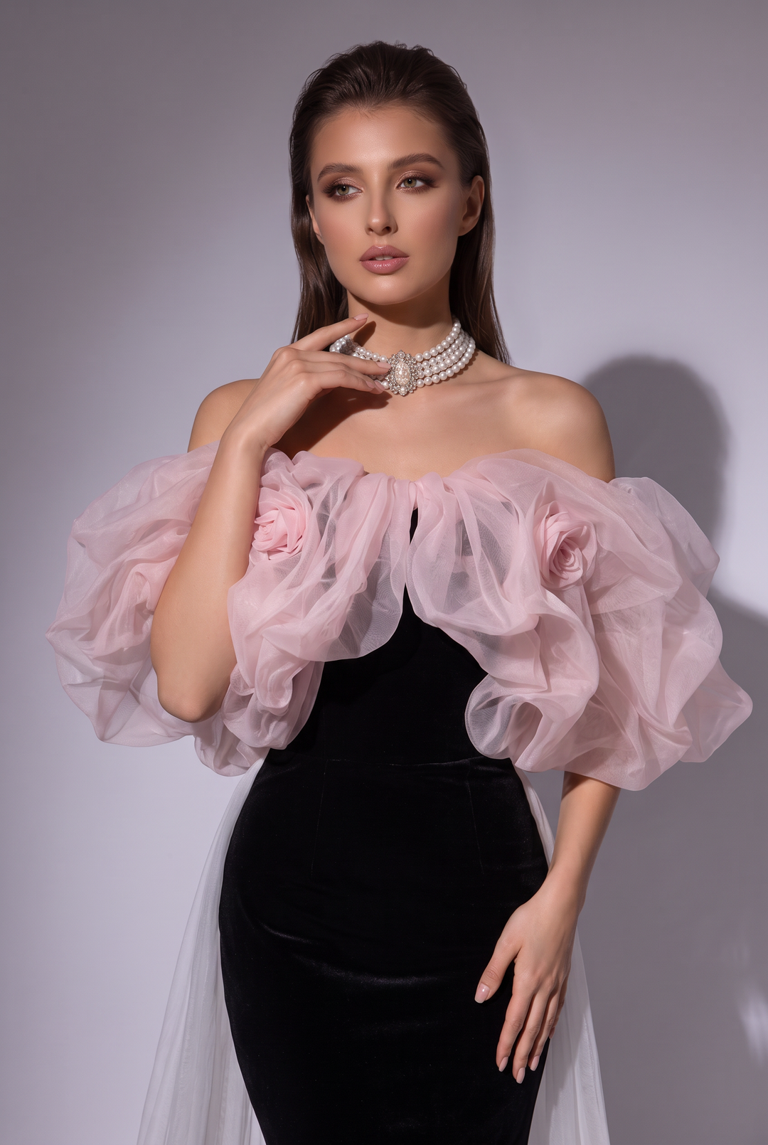 Gothic Black Mermaid Dress Evening Gown with Pink Tulle Puff Sleeves - Elegant Off-Shoulder Dress Plus Size
