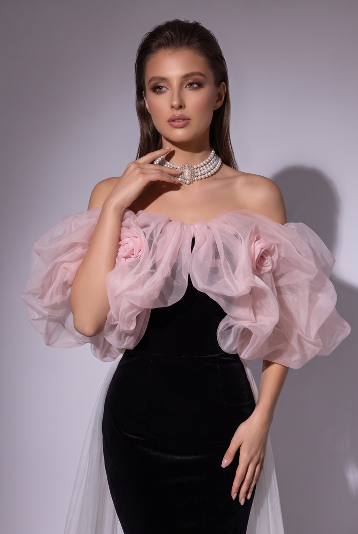 Gothic Black Mermaid Dress Evening Gown with Pink Tulle Puff Sleeves - Elegant Off-Shoulder Dress Plus Size