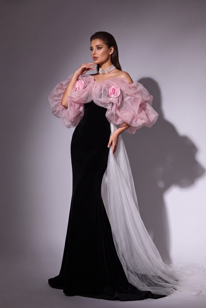 Gothic Black Mermaid Dress Evening Gown with Pink Tulle Puff Sleeves - Elegant Off-Shoulder Dress Plus Size