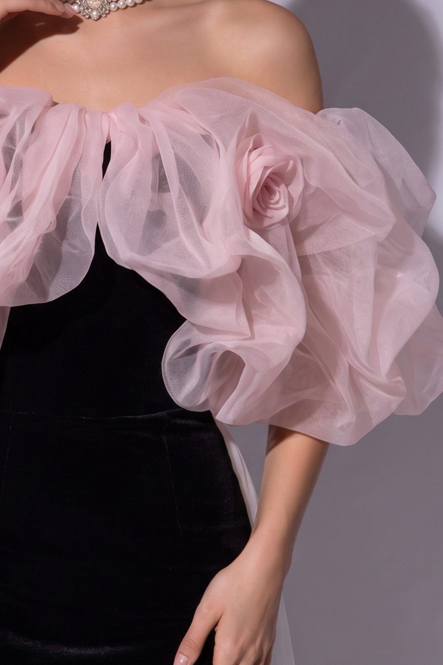 Gothic Black Mermaid Dress Evening Gown with Pink Tulle Puff Sleeves - Elegant Off-Shoulder Dress Plus Size