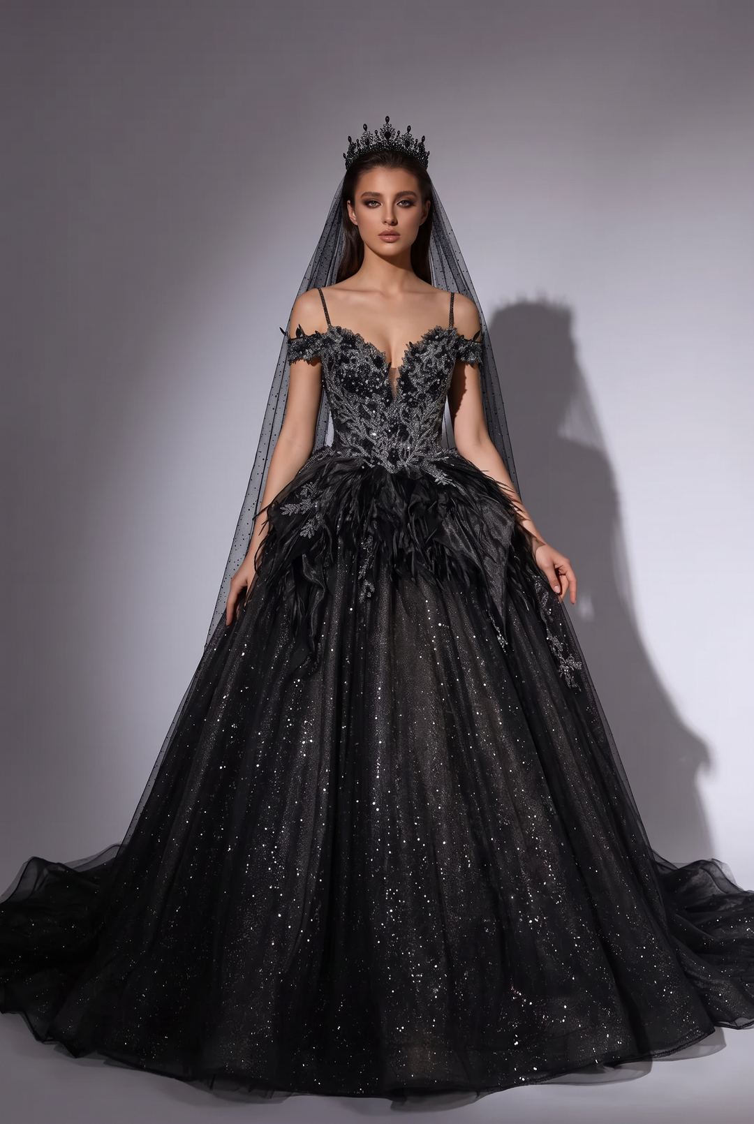 Gothic Black Off-Shoulder Wedding Dress with Embellished Tulle Plus Size