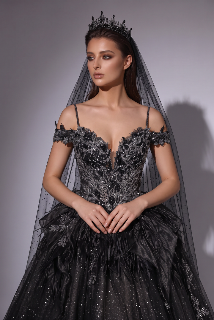 Gothic Black Off-Shoulder Wedding Dress with Embellished Tulle Plus Size