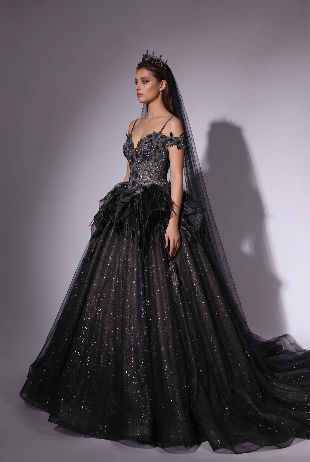 Gothic Black Off-Shoulder Wedding Dress with Embellished Tulle Plus Size