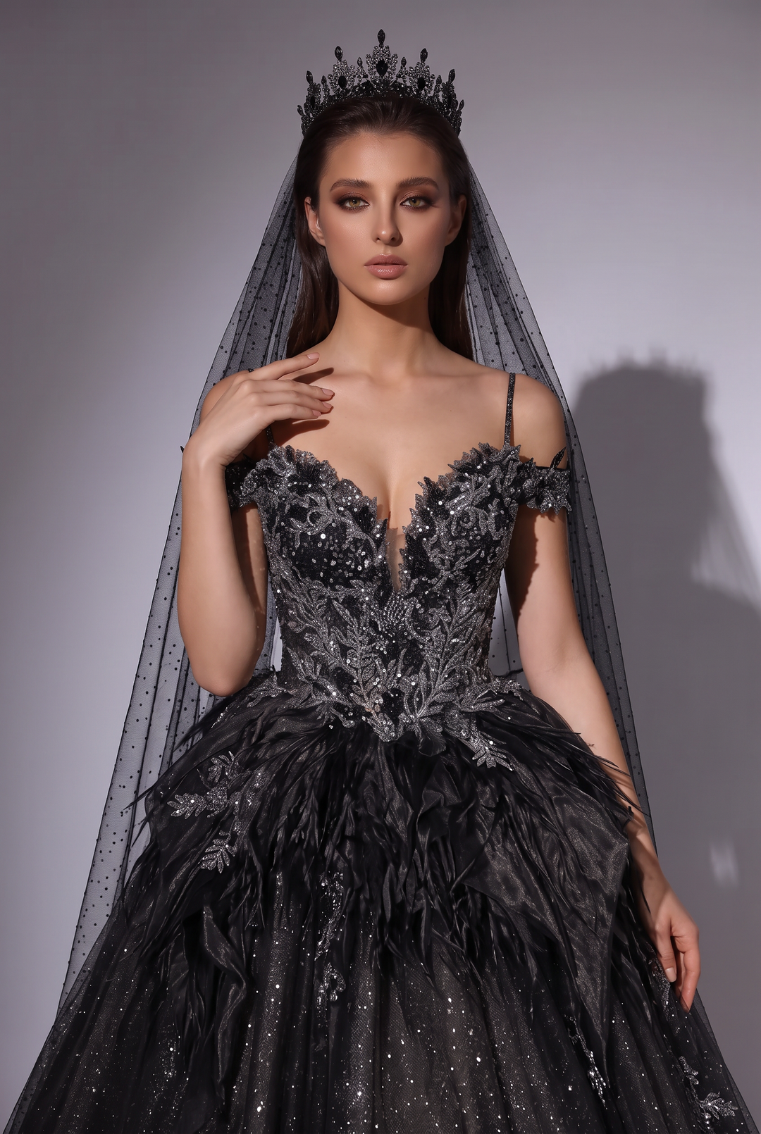 Gothic Black Off-Shoulder Wedding Dress with Embellished Tulle Plus Size