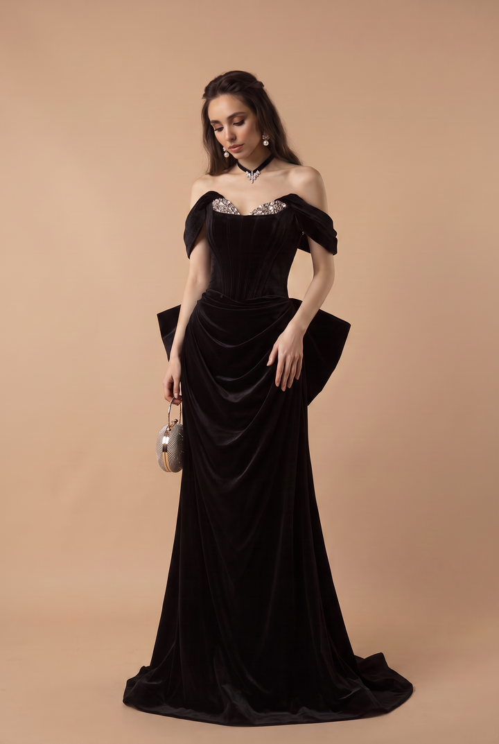 Gothic Black Off the Shoulder Velvet Evening Gown with Oversized Bow - Draped Mermaid Dress Plus Size