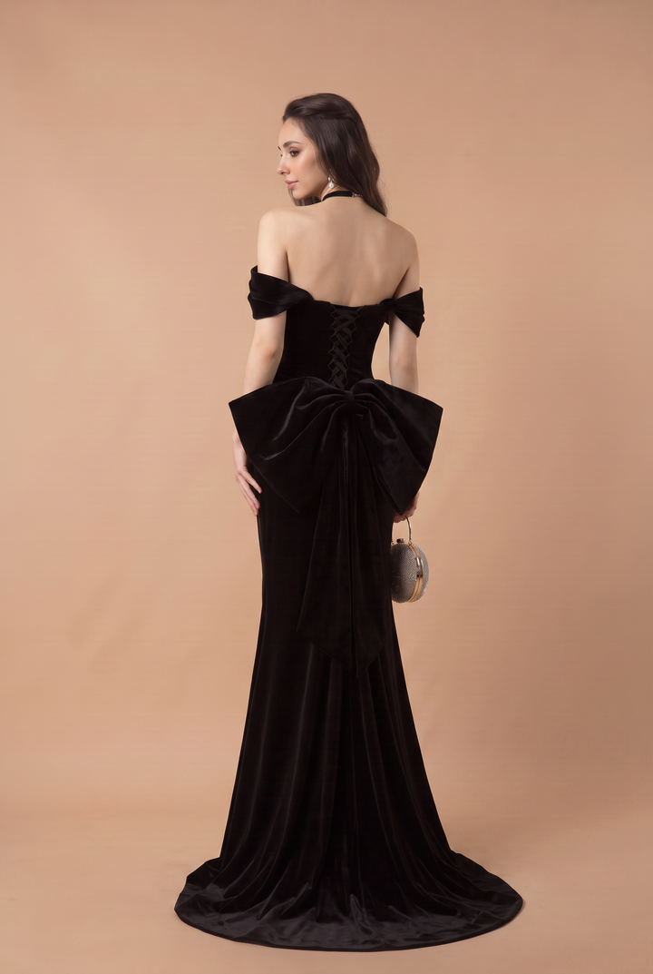 Gothic Black Off the Shoulder Velvet Evening Gown with Oversized Bow - Draped Mermaid Dress Plus Size