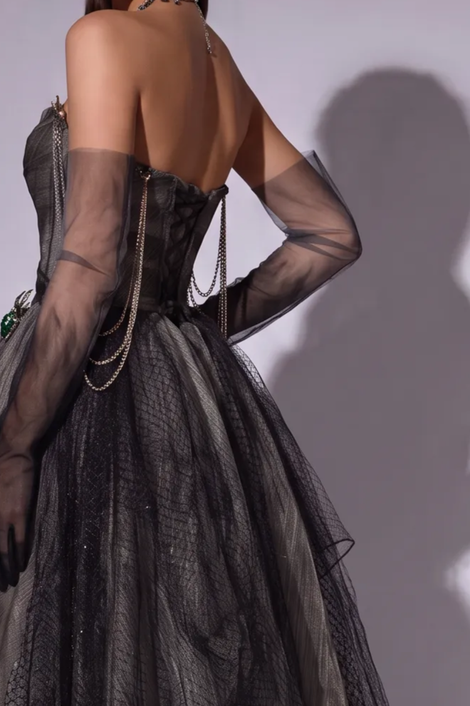 Gothic Black Tulle Off-the-Shoulder Evening Gown with Chain Details - Plus Size