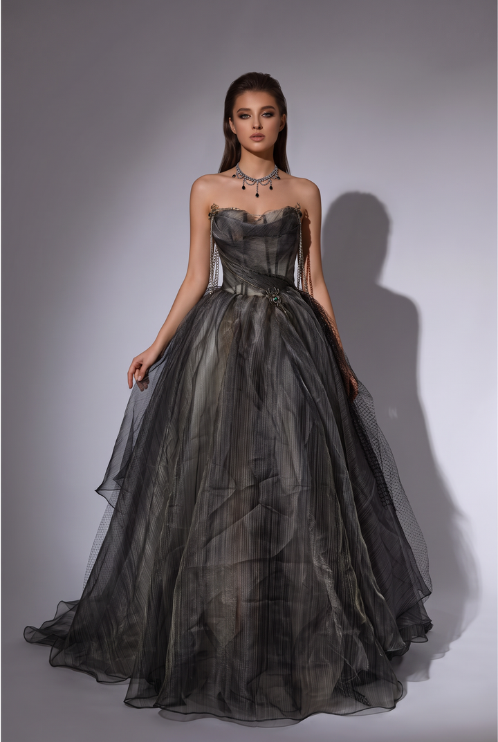 Gothic Black Tulle Off-the-Shoulder Evening Gown with Chain Details - Plus Size