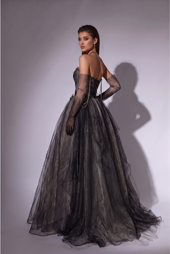 Gothic Black Tulle Off-the-Shoulder Evening Gown with Chain Details - Plus Size