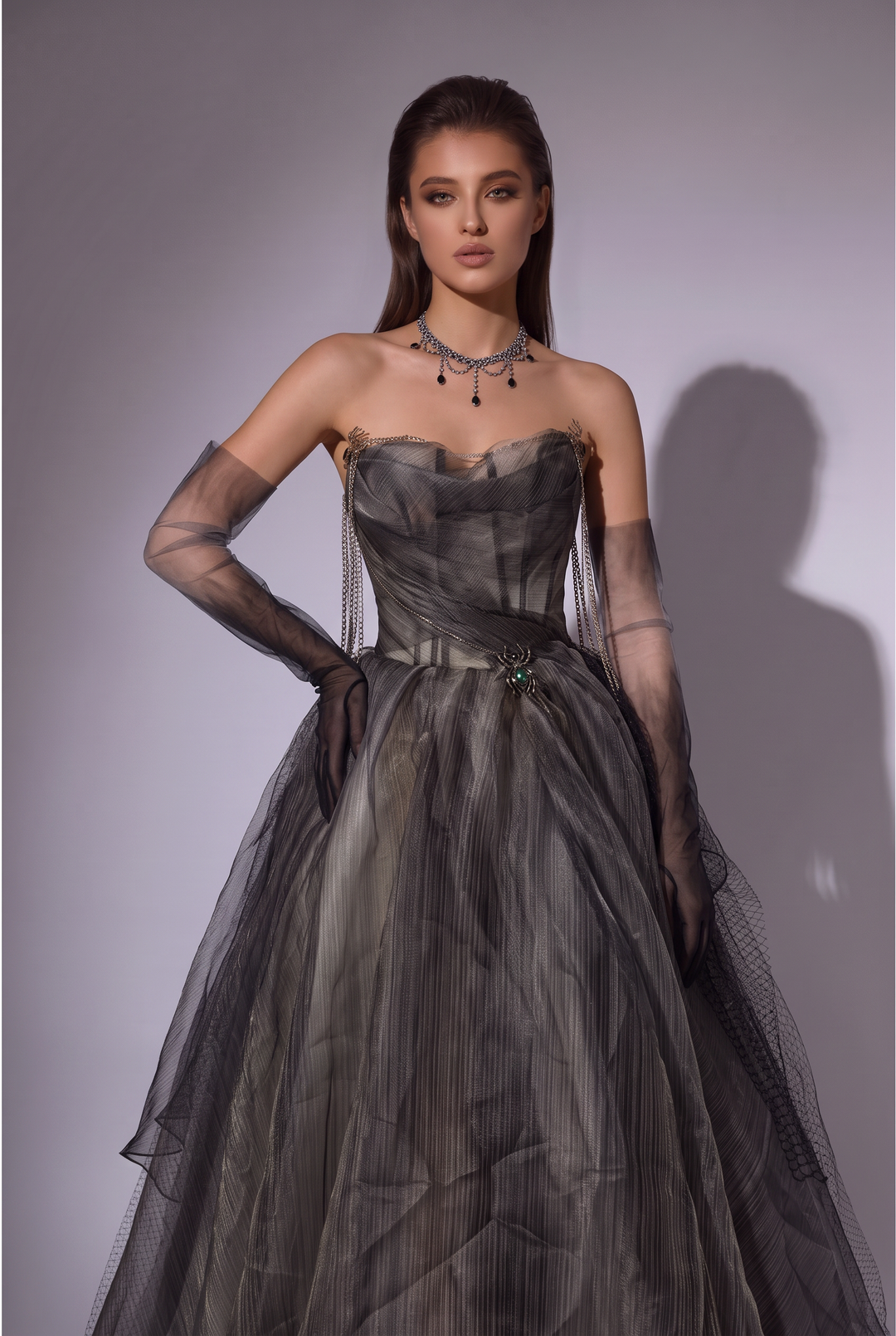 Gothic Black Tulle Off-the-Shoulder Evening Gown with Chain Details - Plus Size