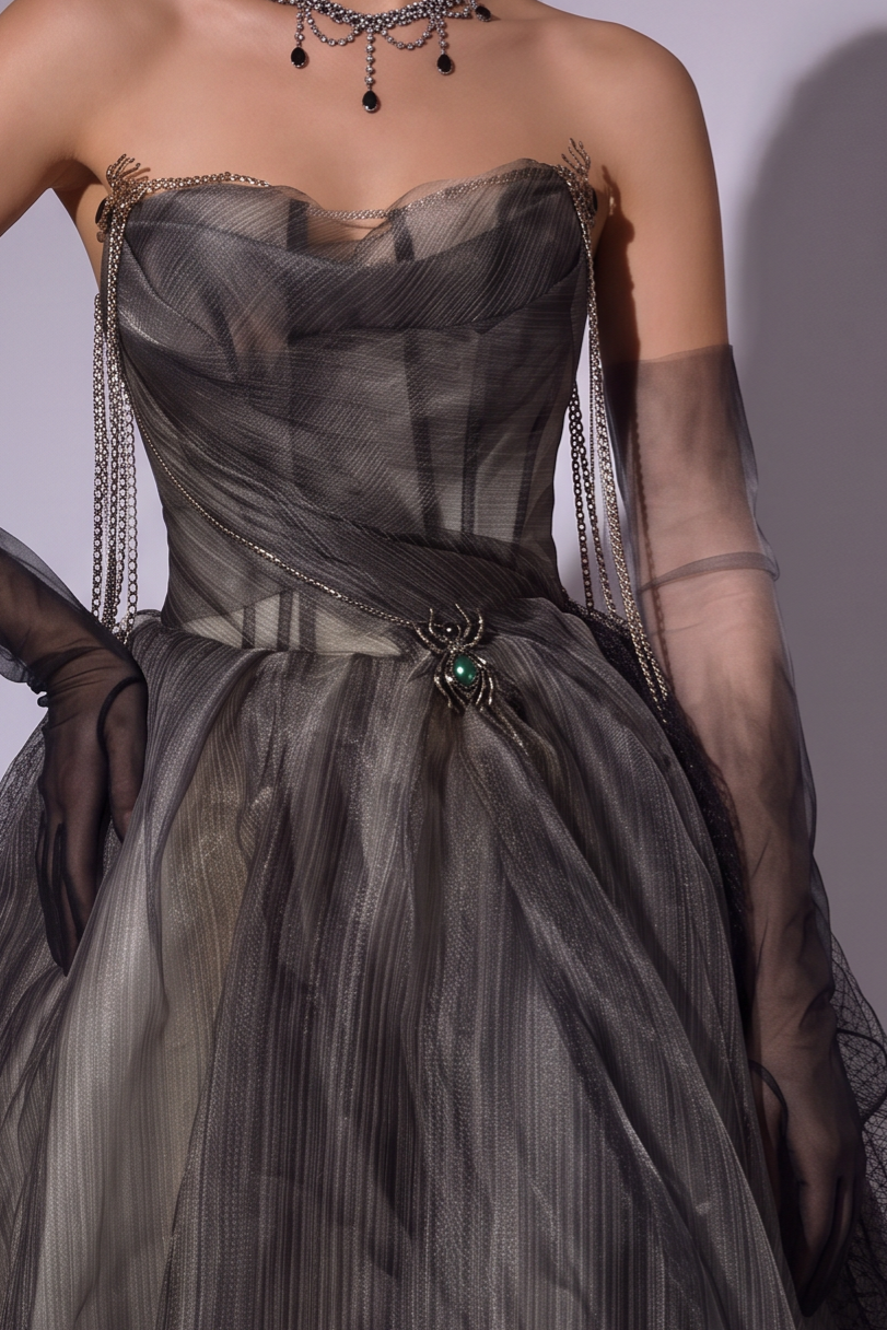 Gothic Black Tulle Off-the-Shoulder Evening Gown with Chain Details - Plus Size