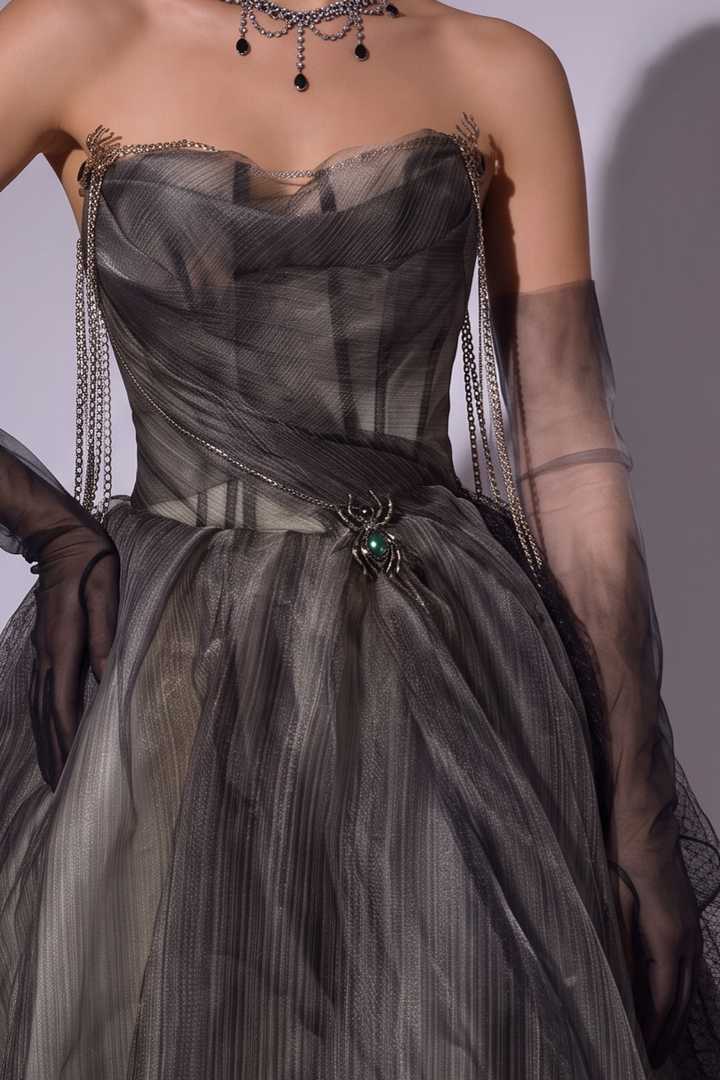 Gothic Black Tulle Off-the-Shoulder Evening Gown with Chain Details - Plus Size
