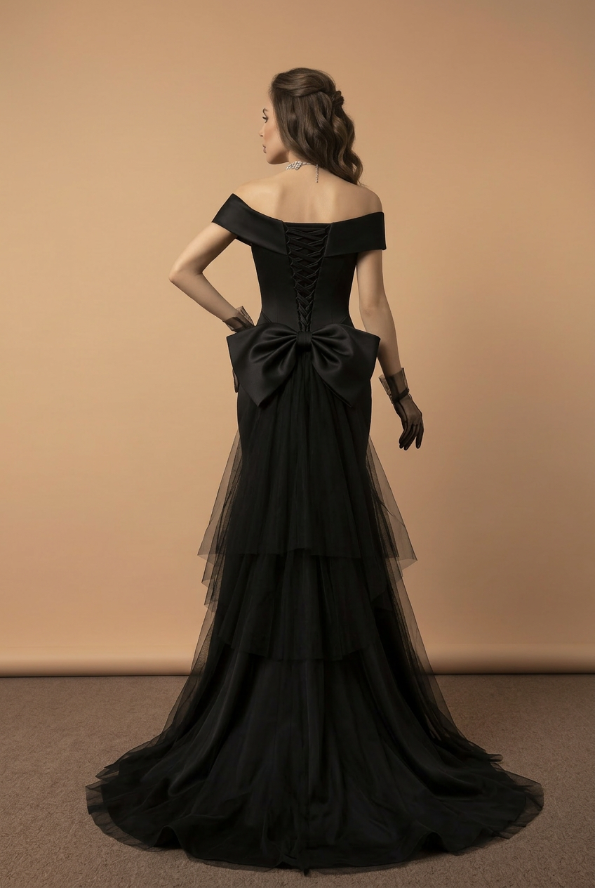 Gothic Schwarzes Hochzeitskleid - Korsett Tüllkleid - Off Shoulder Meerjungfrau Hochzeitskleid Plus Size
