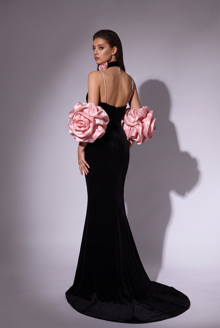Gothic Black and Pink Velvet Evening Dress with V-Neck - Mermaid Dress Evening Gown with Pink Floral Accents Plus Size