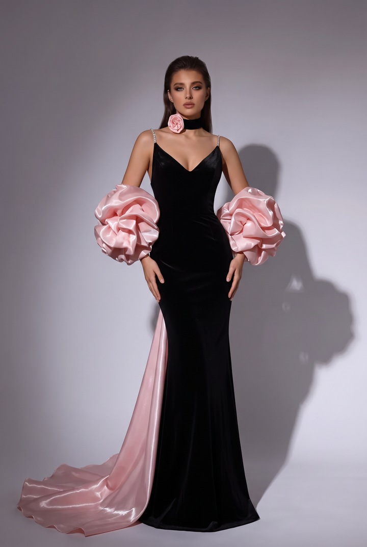 Gothic Black and Pink Velvet Evening Dress with V-Neck - Mermaid Dress Evening Gown with Pink Floral Accents Plus Size