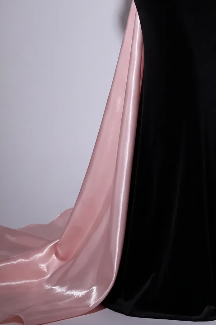 Gothic Black and Pink Velvet Evening Dress with V-Neck - Mermaid Dress Evening Gown with Pink Floral Accents Plus Size