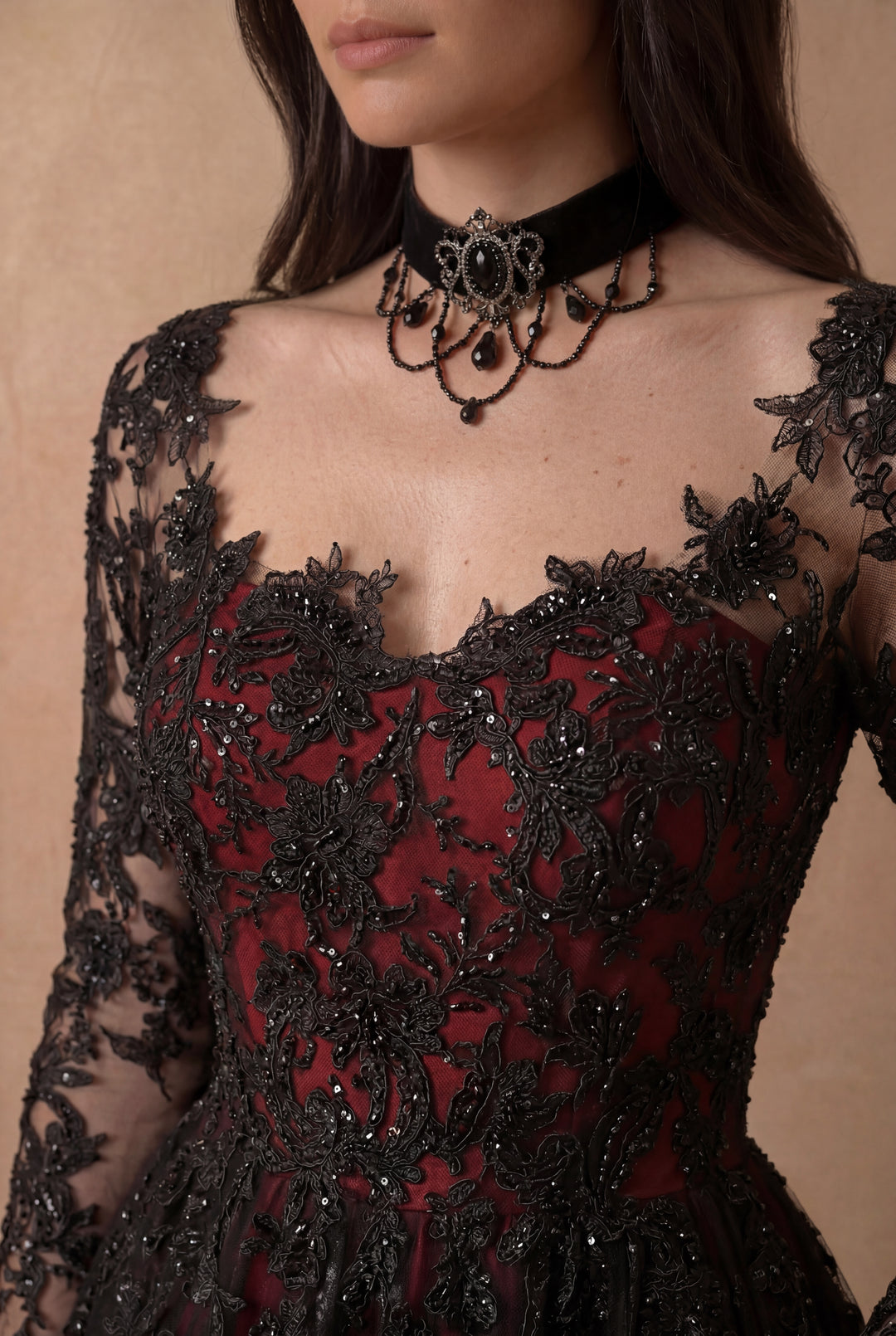 Gothic Burgundy Black Long Sleeve A-Line Wedding Dress with Floral Lace Embroidery Plus Size