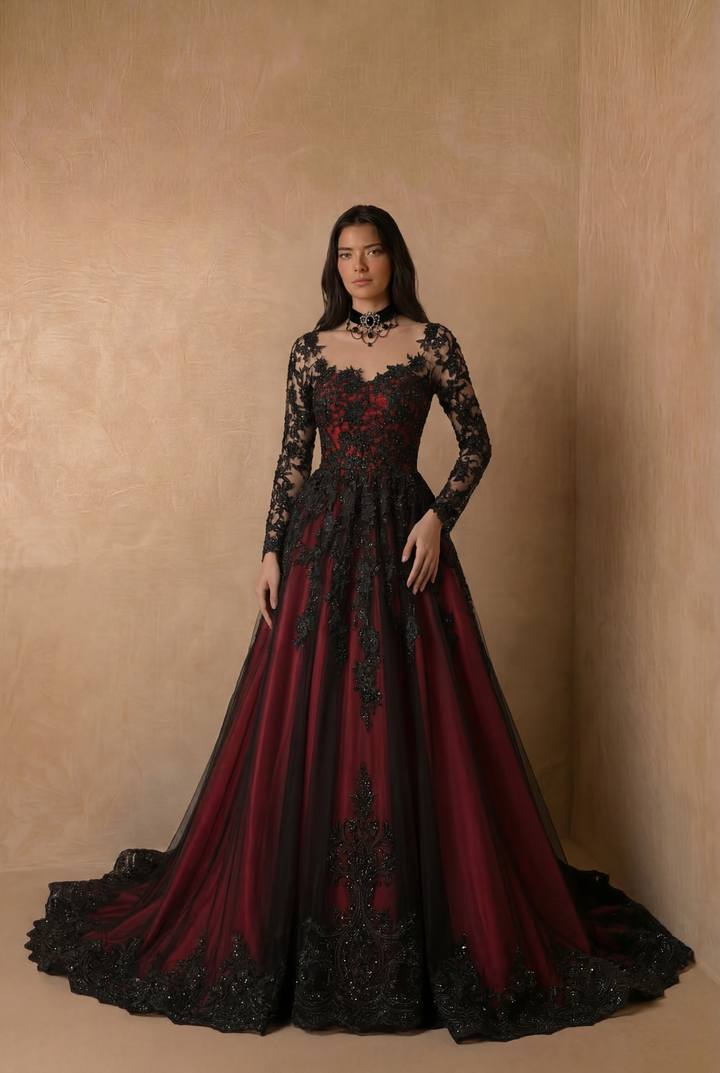 Gothic Burgundy Black Long Sleeve A-Line Wedding Dress with Floral Lace Embroidery Plus Size