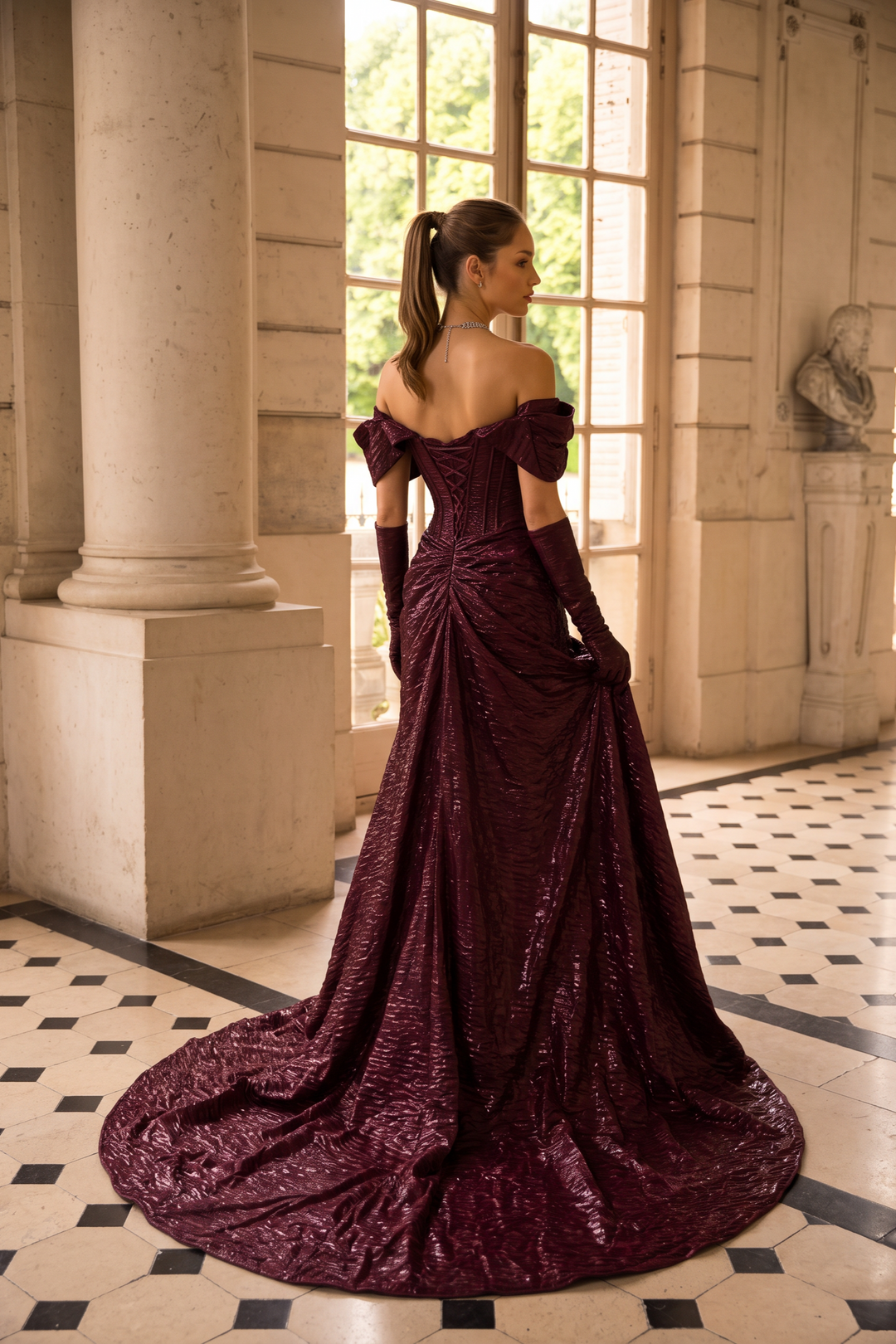 Gothic Burgundy Off-Shoulder Velvet Evening Gown with Train - Plus Size