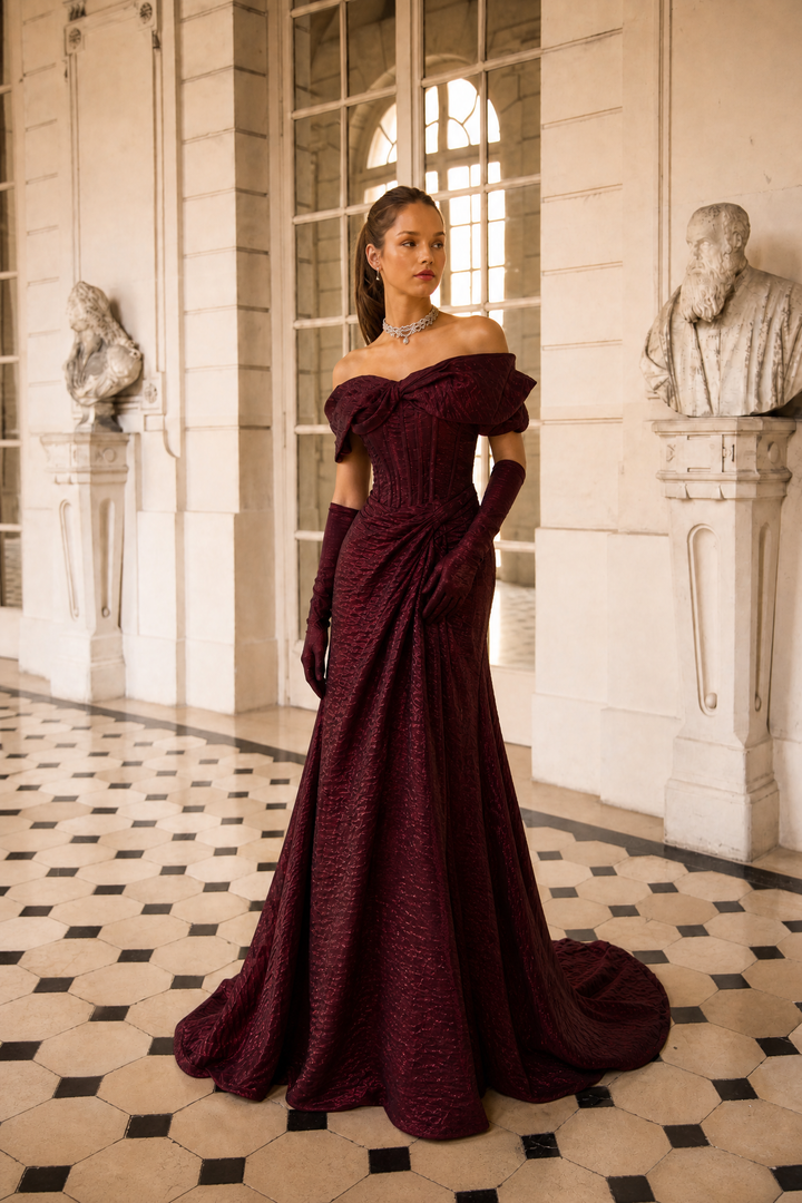 Gothic Burgundy Off-Shoulder Velvet Evening Gown with Train - Plus Size