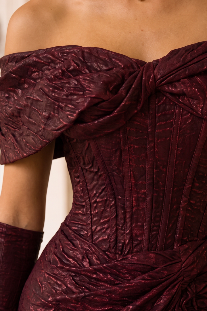 Gothic Burgundy Off-Shoulder Velvet Evening Gown with Train - Plus Size