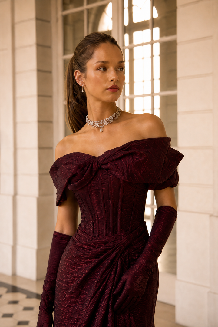 Gothic Burgundy Off-Shoulder Velvet Evening Gown with Train - Plus Size