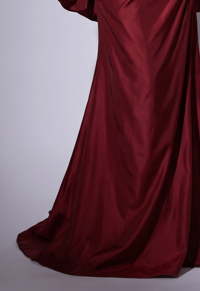 Gothic Burgundy Red Evening Gown with Dramatic Puff Sleeves - Red Evening Gown with Corset Back Plus Size