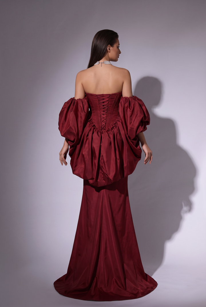 Gothic Burgundy Red Evening Gown with Dramatic Puff Sleeves - Red Evening Gown with Corset Back Plus Size