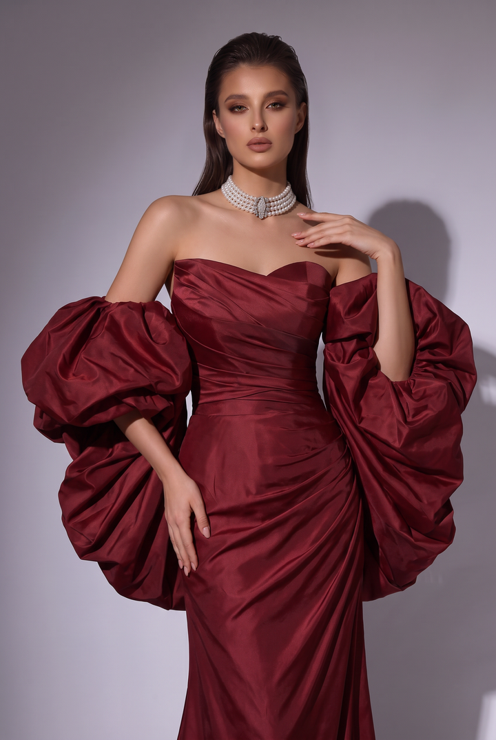 Gothic Burgundy Red Evening Gown with Dramatic Puff Sleeves - Red Evening Gown with Corset Back Plus Size
