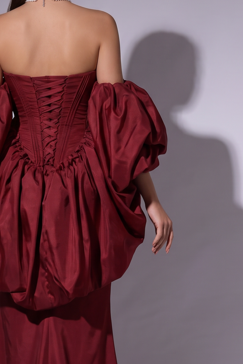 Gothic Burgundy Red Evening Gown with Dramatic Puff Sleeves - Red Evening Gown with Corset Back Plus Size