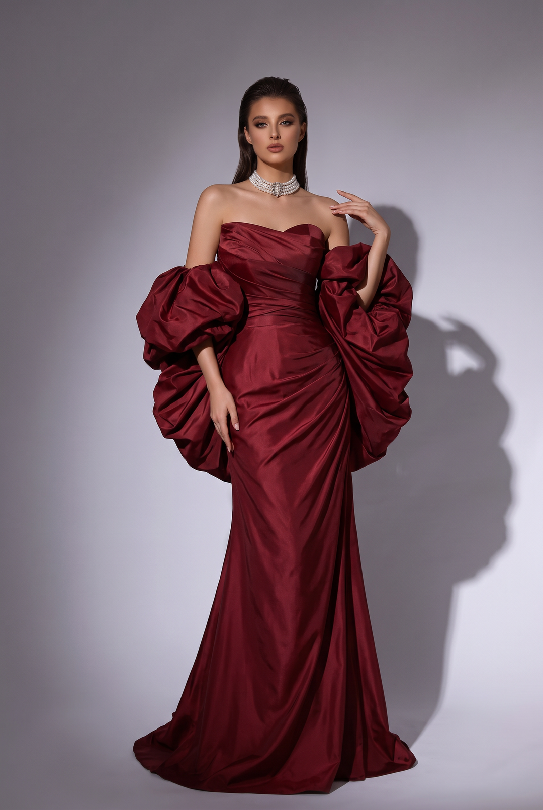 Gothic Burgundy Red Evening Gown with Dramatic Puff Sleeves - Red Evening Gown with Corset Back Plus Size