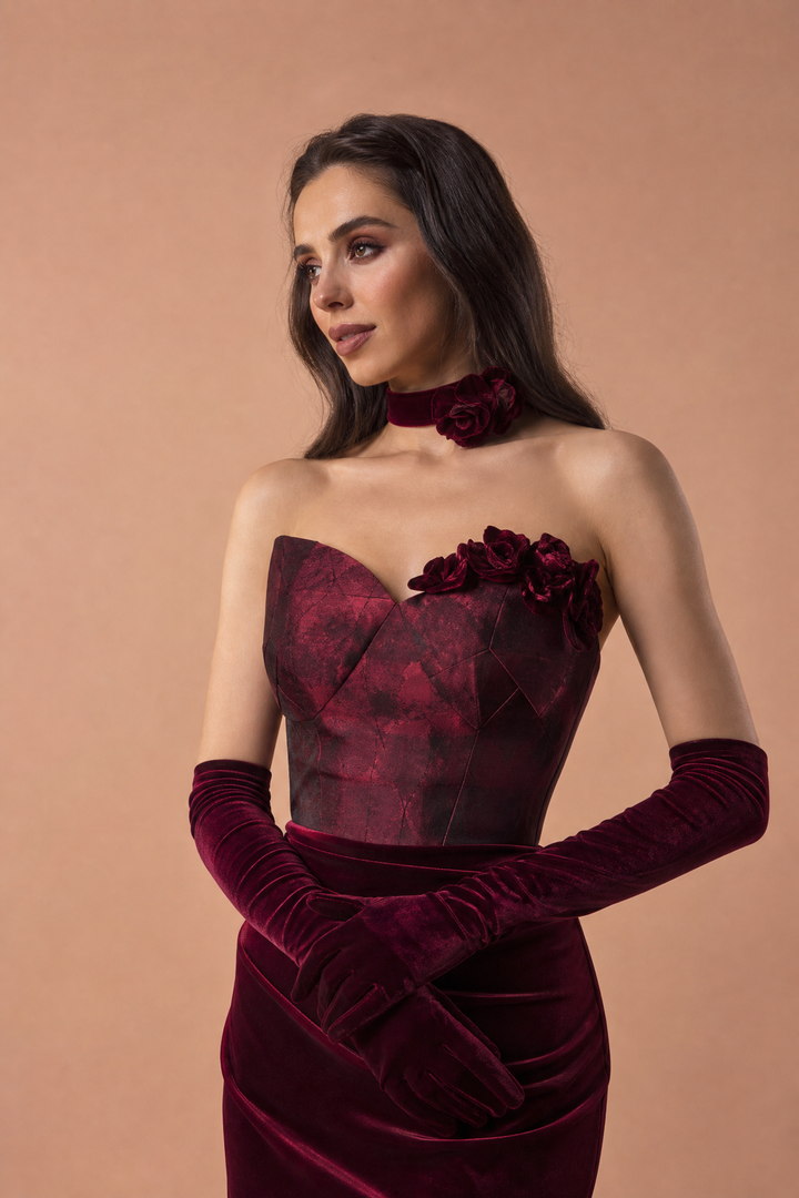 Gothic Burgundy Red Velvet Mermaid Formal Dress -Ball Gown Plus Size