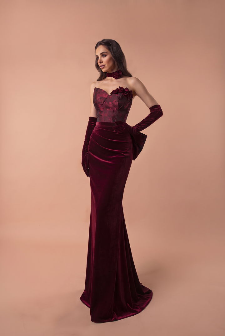 Gothic Burgundy Red Velvet Mermaid Formal Dress -Ball Gown Plus Size