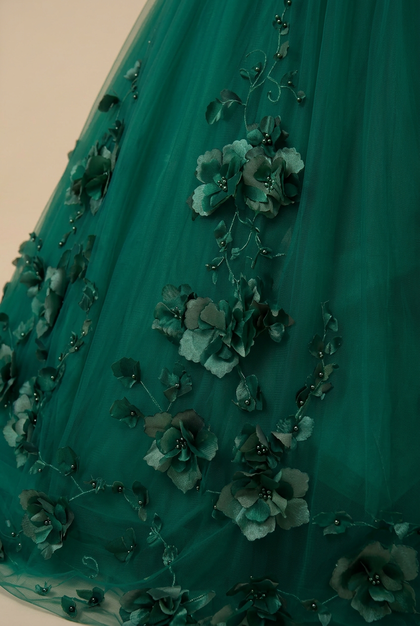Gothic Emerald Green Ball Gown with Floral Accents - Off Shoulder Wedding Dress Plus Size Size 4 / Teal Green / Dress Gothic Emerald Green Ball Gown with Floral Accents - Off Shoulder Wedding Dress Plus Size Size 4 / Teal Green / Dress